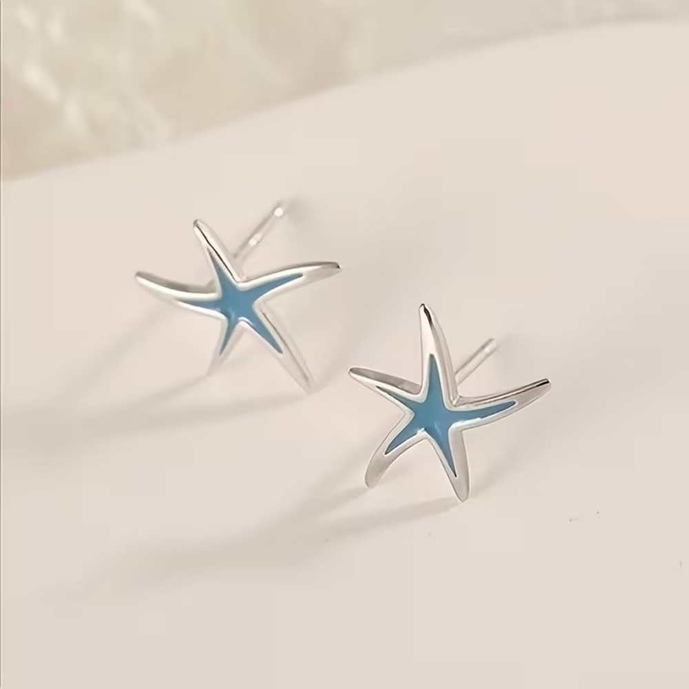 Starfish Stud Earrings 925 Sterling Silver Plated Blue Enamel Nautical Sea Star